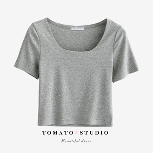 tomatoshop优雅天鹅颈小方，领弹力修身短款t恤女短袖2023春夏