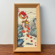 十二秋中国风小精灵，耿鬼一家山水画桌面，摆台实木相框装饰画