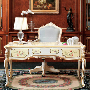 法式别墅奢华书房写字桌，欧式公主彩绘书桌台实木雕花桌转椅子组合