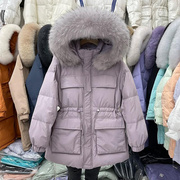 韩国白鸭绒(白鸭绒，)收腰加厚紫色羽绒服女中长款小个子，大毛领连帽工装外套