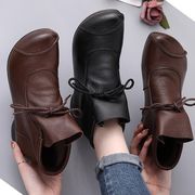原创复古软皮手工缝制春秋靴子高帮短靴低跟软底单靴女靴马丁靴子