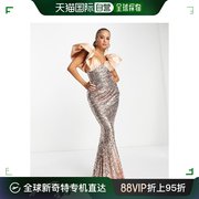 香港直邮潮奢asos女士，设计泡泡袖缎面，珠片玫瑰金色长款连衣裙