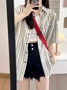 大码胖妹妹日系条纹短袖衬衫，女夏港味开衫，外搭复古polo领上衣