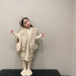 韩国童装冬季女童仿皮草马甲外套长款连衣裙洋气网红慵懒两件套潮