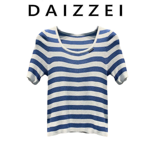 DAIZZEI~条纹针织衫女2024夏季蓝白海军风U领短袖薄款T恤上衣