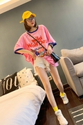 欧洲站夏款女装韩版宽松显瘦体恤中长款纯棉卡通，短袖潮范字母t恤