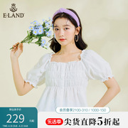 eland衣恋温柔淑女风短袖衬衫，女木耳花边短款白色上衣夏季