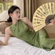 重庆森林/ 复古显白绿色改良新中式旗袍连衣裙中长款2023夏立领