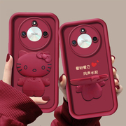 适用于荣耀x50手机壳保护套高级感x50i简约多用途酒红色镜头全包x40硅胶个性创意防摔镜子猫咪支架不顶膜