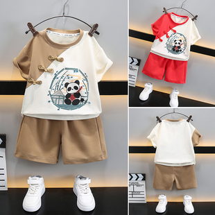 童装儿童中国风熊猫盘扣短袖套装，夏装中小童男女宝宝民族风两件套