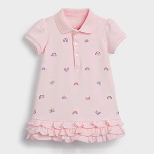 女童夏季装短袖连衣裙粉红色木耳边花苞，裙儿童宝宝纯棉polo衫裙子