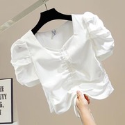 女童方领短袖衬衫儿童抽绳褶皱，泡泡袖上衣，宝宝雪纺短款修身露脐衫