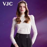 VJC/威杰思2024春夏女装衫法式半高领针织衫蕾丝绣花泡泡袖