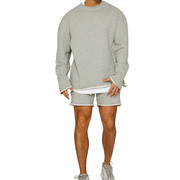 美式短裤长袖篮球运动套装，重磅纯棉毛圈休闲男生锻炼灰色两件套