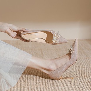 婚鞋女2022年伴娘夏季新娘鞋，结婚鞋子高跟鞋，细跟主婚纱水晶鞋