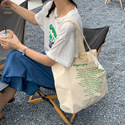 韩系慵懒风布袋超大容量帆布袋绿色字母帆布包女单肩包轻便购物袋