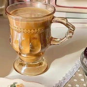 英式下午茶杯高颜值浮雕，欧式复古琥珀色玻璃杯，拿铁咖啡杯浓缩带把