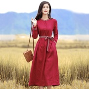 亚麻圆领中长款红色连衣裙秋季长袖，纯色旅拍休闲系带显瘦a字长裙