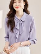 紫色长袖雪纺衬衫女2024早春减龄时尚小众洋气内搭打底衫上衣