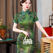 老上海民国印花旗袍绿色长款日常修身高开叉气质送考连衣裙年轻夏