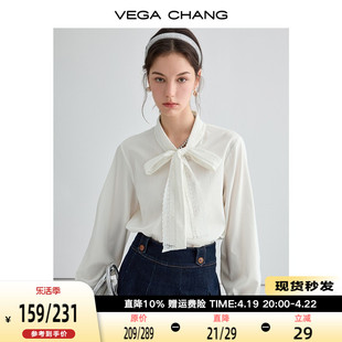 VEGA CHANG白衬衫女2024年春季优雅提花蕾丝飘带蝴蝶结衬衫