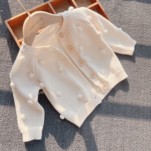 ins韩版婴儿外套手工毛球针织，开衫女宝宝毛衣，纯棉棉纱线洋气外搭