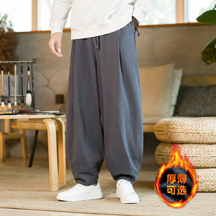 冬季复古长裤男加绒加厚直筒哈伦裤黑色中国风棉麻灯笼裤K001P85