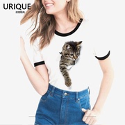3D立体逼真萌猫咪图案印花莫代尔T恤女修身款短袖可爱动物甜美T恤