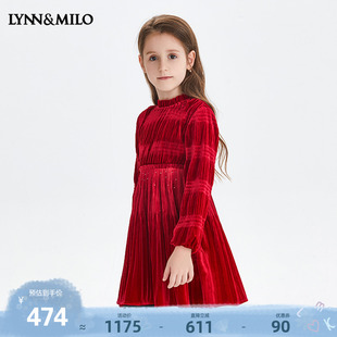 lynn&milo琳麦罗2024女童连衣裙金丝绒唯美洋气，红色儿童长袖裙子