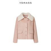 VGRASS时髦洋气全羊毛拼接大衣女冬季短款毛呢外套VSD1O43400
