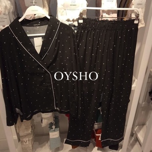 西班牙oysho睡衣女春季薄长袖，黑色星空家居服，套装星星两件套