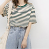 日本优家短袖t恤女夏季薄款2024年百搭宽松纯棉绿色条纹上衣