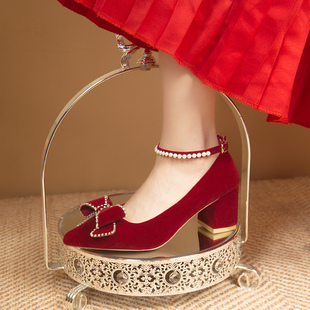 秀禾婚鞋新娘结婚鞋粗跟红色高跟鞋女2023年小众高级感礼服鞋