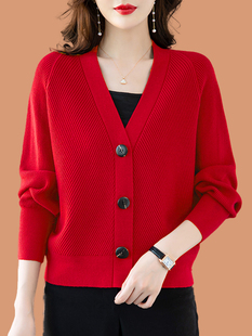 羊毛衫女士短款春秋外搭配裙子针织开衫大红色小款毛衣外套