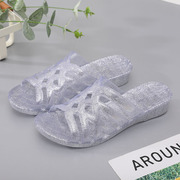 水晶果冻透明坡跟凉拖鞋，女夏硬塑料外穿中跟一字拖鞋防滑防臭耐磨