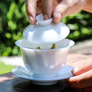 景德镇甜白瓷盖碗茶杯单个家用陶瓷纯手工，带盖三才泡茶碗茶具套装