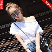 短袖露肩T恤女2022夏季韩版一字领字母印花学生 欧美性感上衣