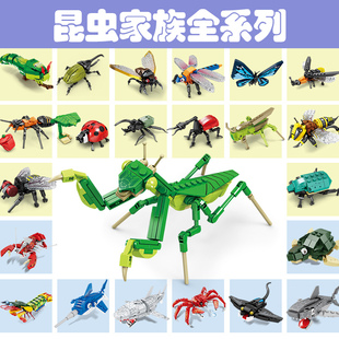 昆虫积木男女孩益智拼装玩具海洋动物，拼图模型小盒儿童生日礼物