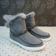 季末 真皮羊毛一体雪地靴中筒靴链子装饰橡胶底防滑保暖417