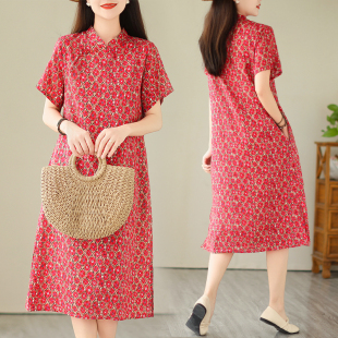 2023夏季复古中式改良度假旅行旗袍洋气红色短袖苎麻连衣裙女