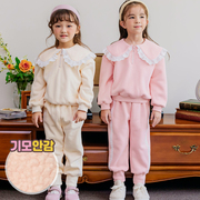 bebezoo韩国童装2022冬女童套装加绒大荷叶领卫衣卫裤两件套