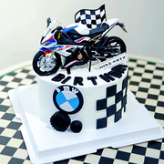 网红宝马摩托车烘焙蛋糕装饰摆件创意男孩，生日甜品齿轮车旗配件