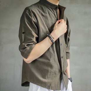 七分袖衬衫男夏季韩版潮流立领，帅气亚麻短袖，衬衣中袖棉麻寸衫男士