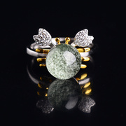天然绿幽灵戒指水晶开运珠，聚宝盆水晶截面，戒指925银托小螃蟹款