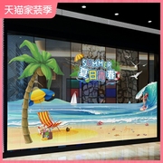 夏日沙滩海浪主题商场电梯围栏，氛围布置创意贴画，玻璃静电贴定制贴