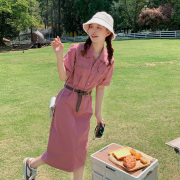 玫粉色工装连衣裙女夏季2023韩版高腰显瘦设计感中长款衬衫裙