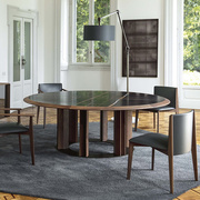 北欧黑胡桃木大理石岩板餐桌椅组合圆形带转盘，意式极简风格圆桌