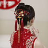 新娘中式红色绒花新中式结婚头饰旗袍礼服敬酒服配饰品后盘发造型