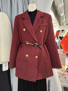欧佩琳2023年冬季宽松中长款小个子收腰红色西装羽绒服女加厚外套