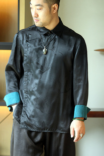 水田之夏原创中式国潮男装，设计款翻领复古长袖，衬衫真丝茶服上衣